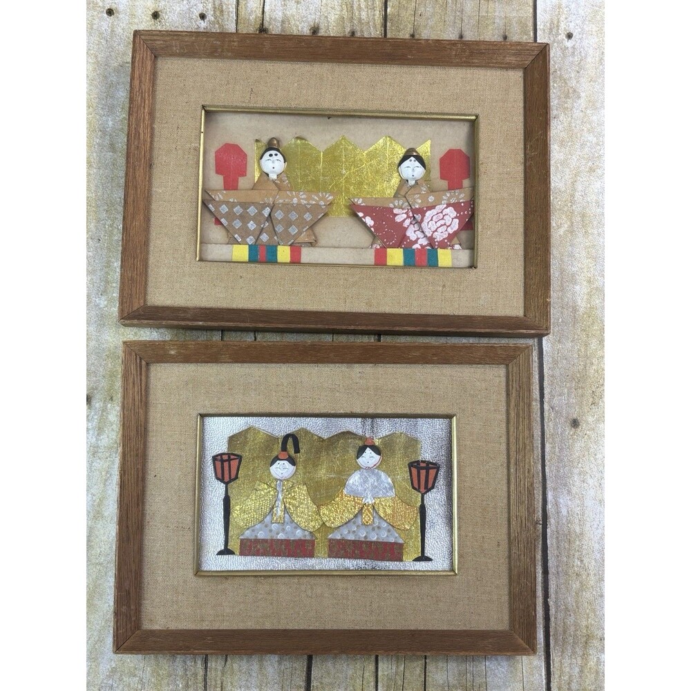 Japanese 3D Kimono Paper Art Framed Lot Of Two Hina Geisha Doll Wall Decor Vtg